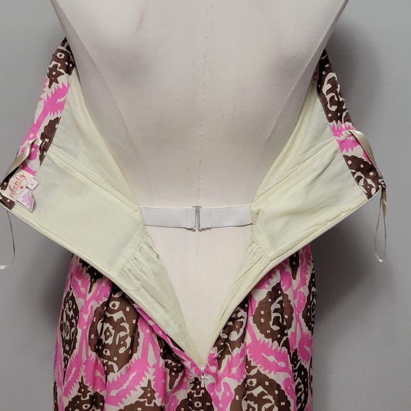 Anthro Plenty by Tracy Reese pink brown geo strapless silk blend dress size 6 - Picture 5 of 8